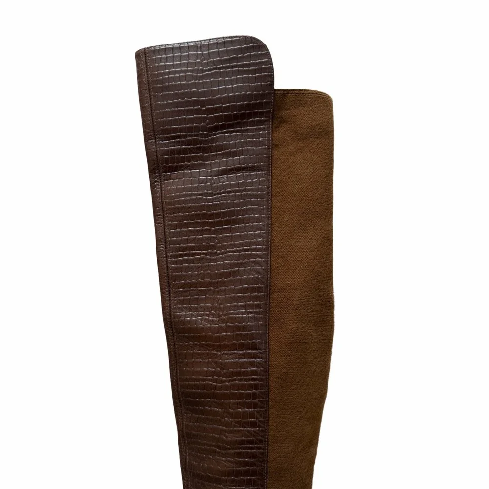 Stuart Weitzman Siella Croc Embossed Leather Over the Knee Boots‎ Size 7.5 Brown